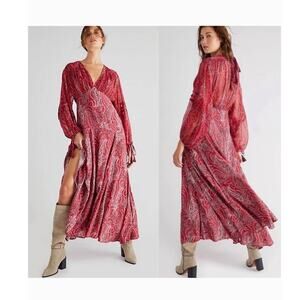 New Free People Mirage Paisley Maxi Dress $198 SIZE 2 Red Boho Empire Waist